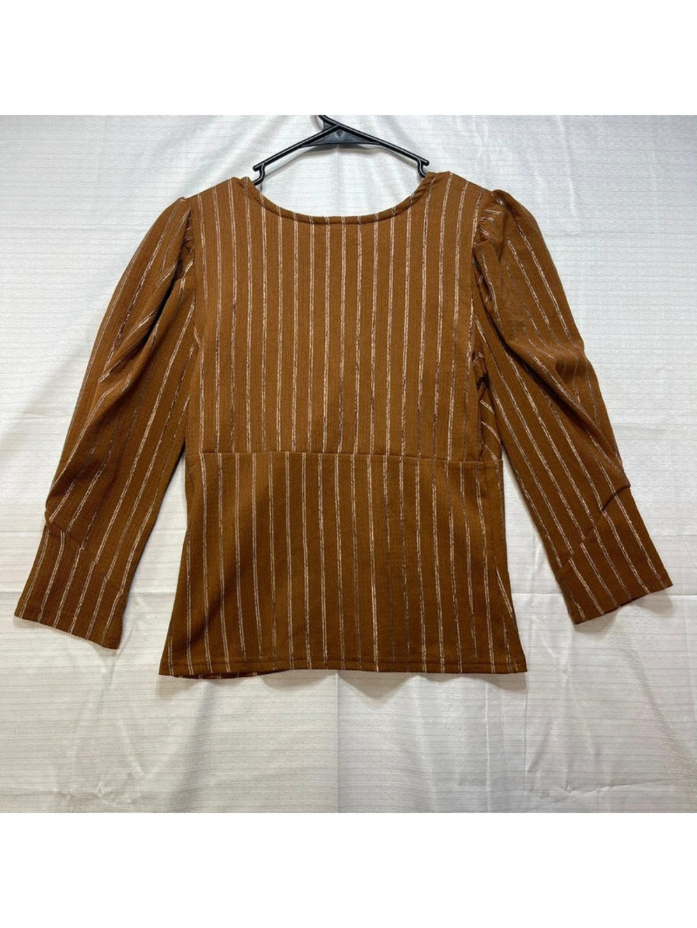 Mine Women's Brown Stripe Surplice Blouse Puff Sleeve Medium - Picture 2 of 6